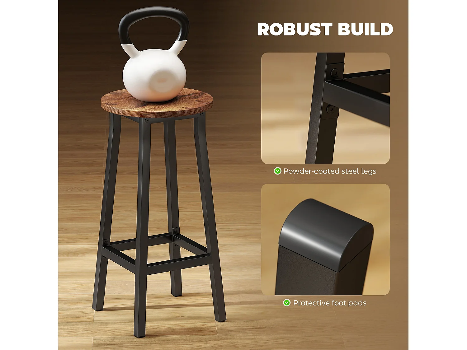 Rema Set of 2 Rustic Brown Industrial Round Bar Stools 65cm