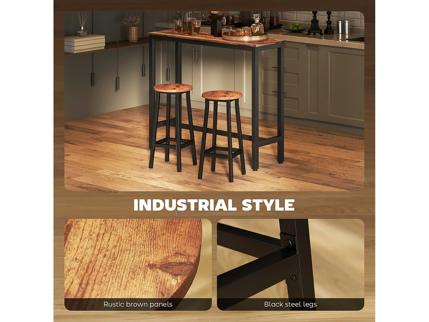Rema Set of 2 Rustic Brown Industrial Round Bar Stools 65cm