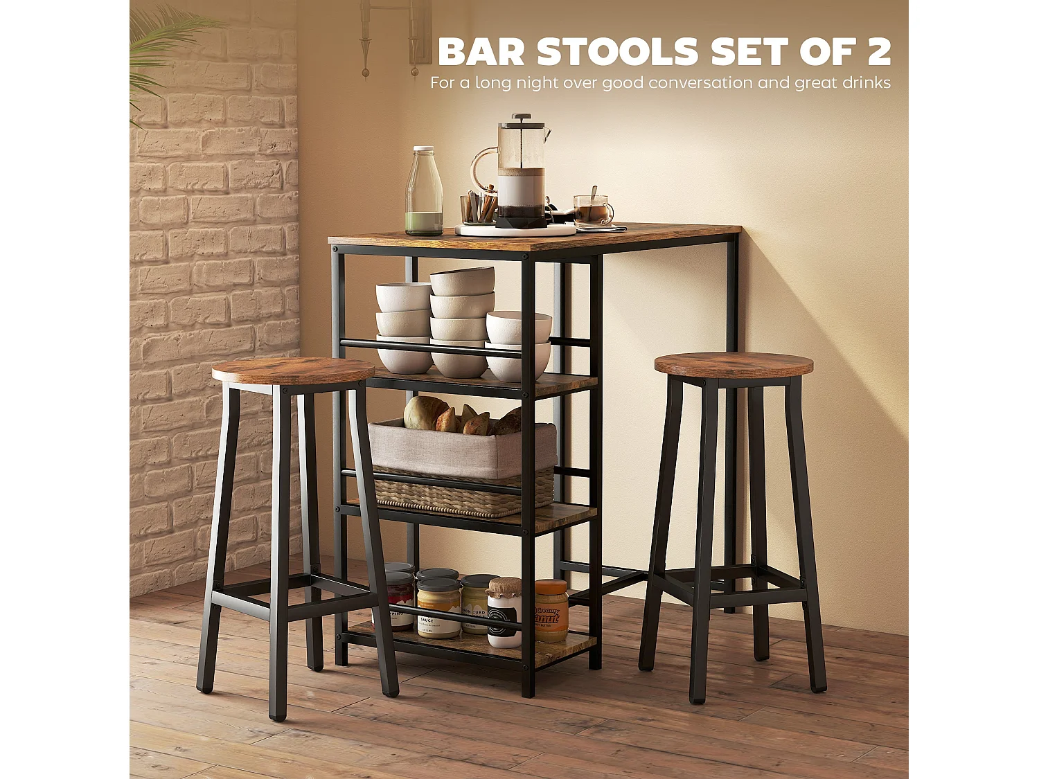 Rema Set of 2 Rustic Brown Industrial Round Bar Stools 65cm