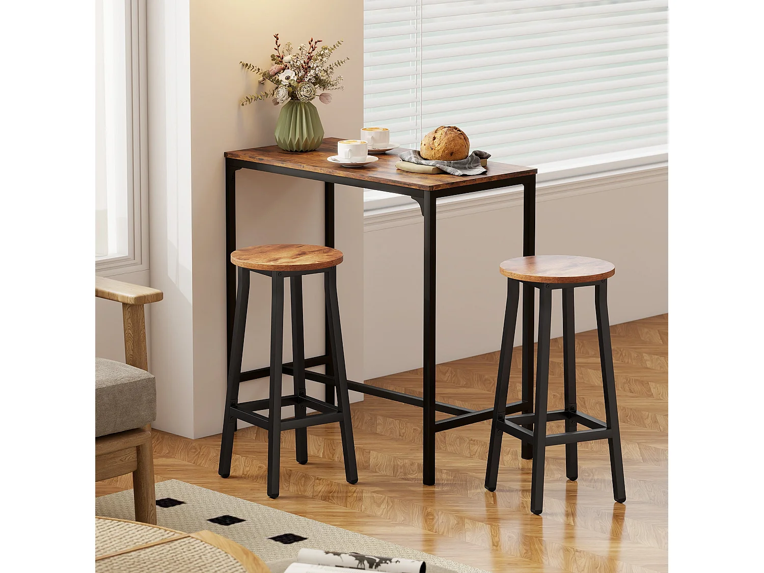 Rema Set of 2 Rustic Brown Industrial Round Bar Stools 65cm
