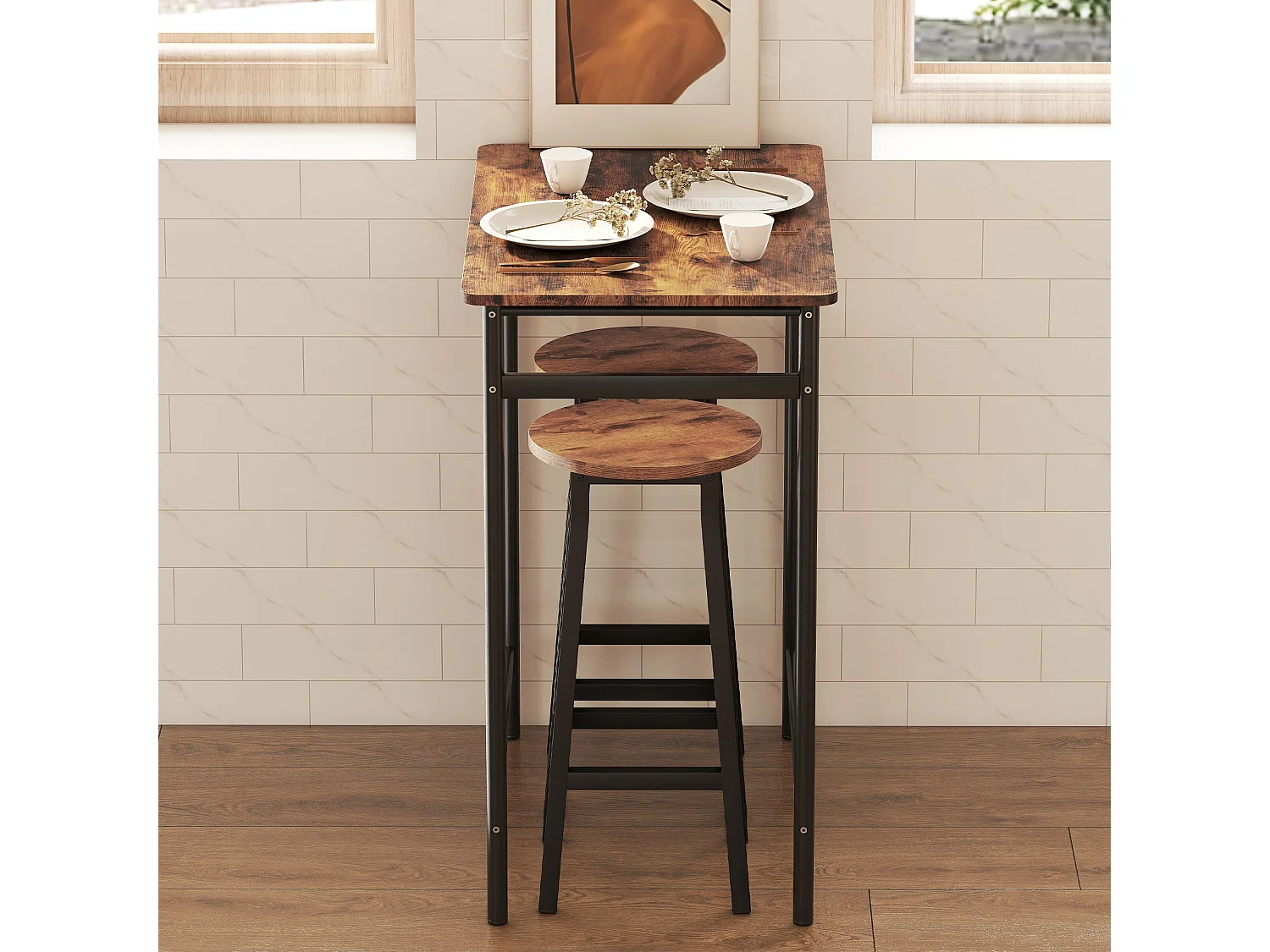 Rema Set of 2 Rustic Brown Industrial Round Bar Stools 65cm