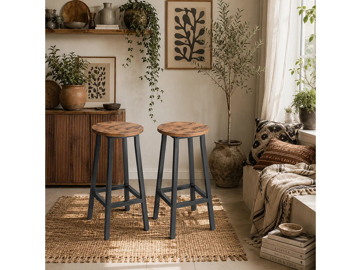 Rema Set of 2 Rustic Brown Industrial Round Bar Stools 65cm