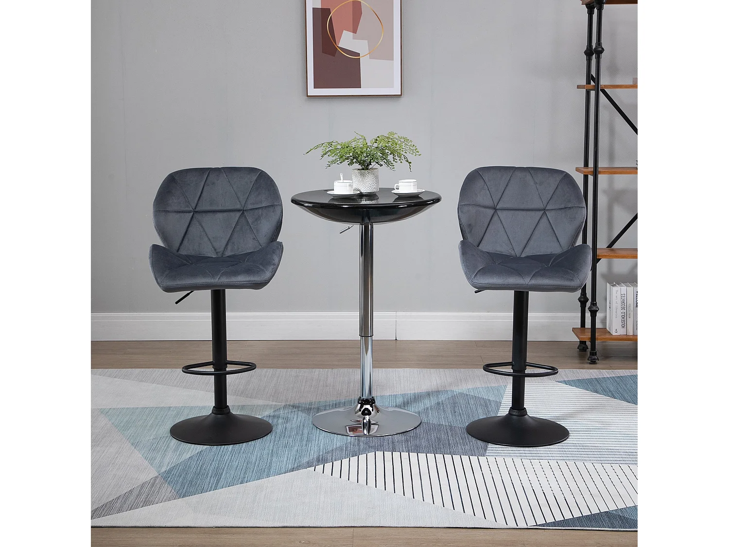 Samori Set of 2 Dark Grey Velvet Feel Adjustable Swivel Bar Stools with Back Support