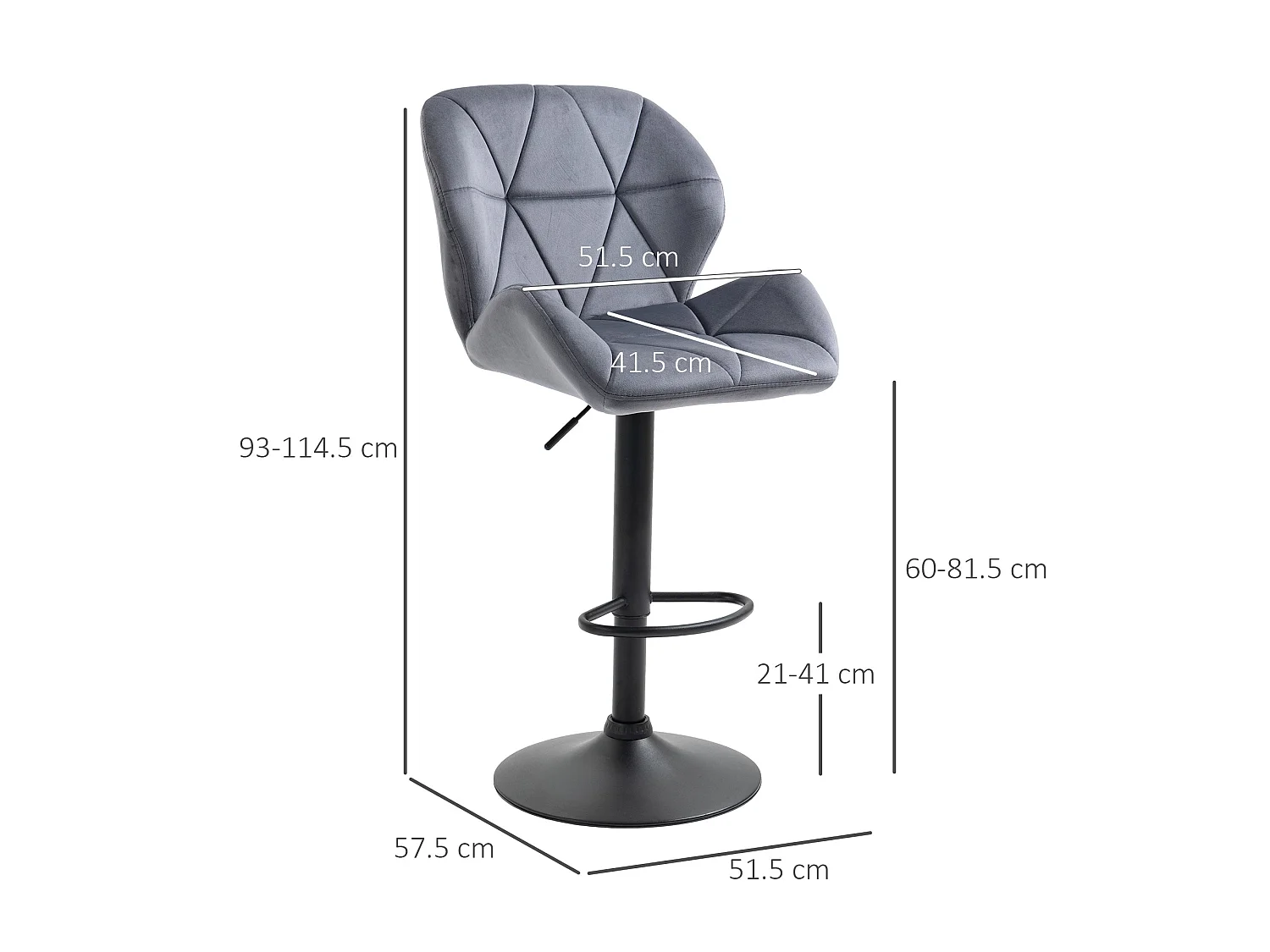 Samori Set of 2 Dark Grey Velvet Feel Adjustable Swivel Bar Stools with Back Support