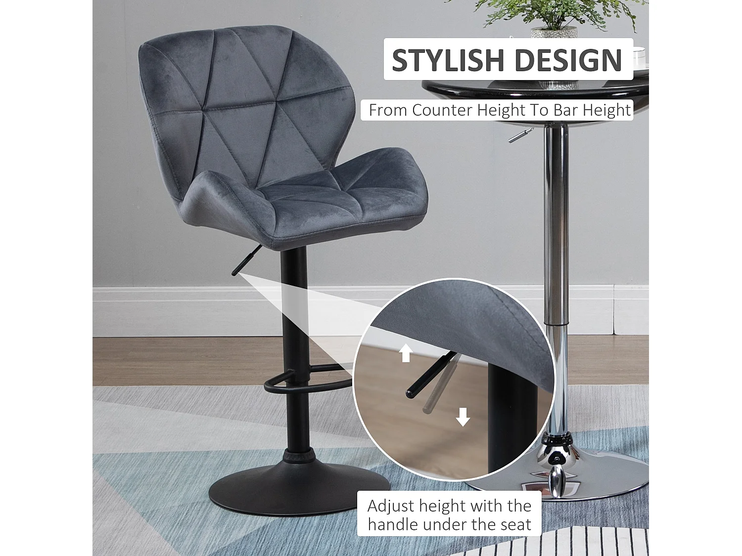 Samori Set of 2 Dark Grey Velvet Feel Adjustable Swivel Bar Stools with Back Support