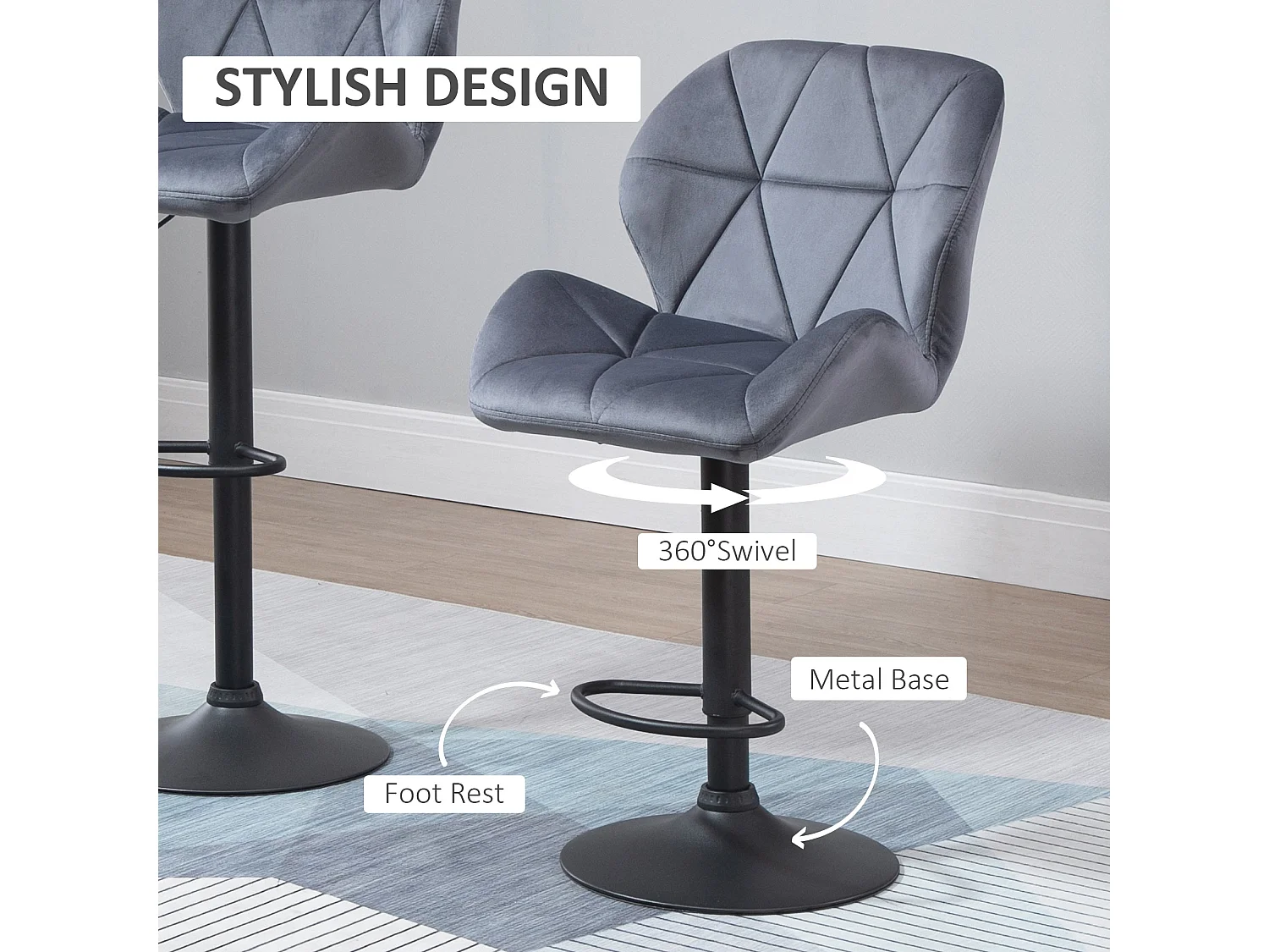 Samori Set of 2 Dark Grey Velvet Feel Adjustable Swivel Bar Stools with Back Support