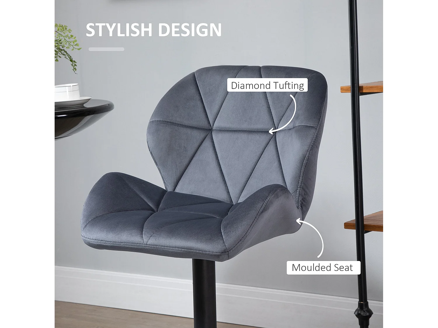Samori Set of 2 Dark Grey Velvet Feel Adjustable Swivel Bar Stools with Back Support