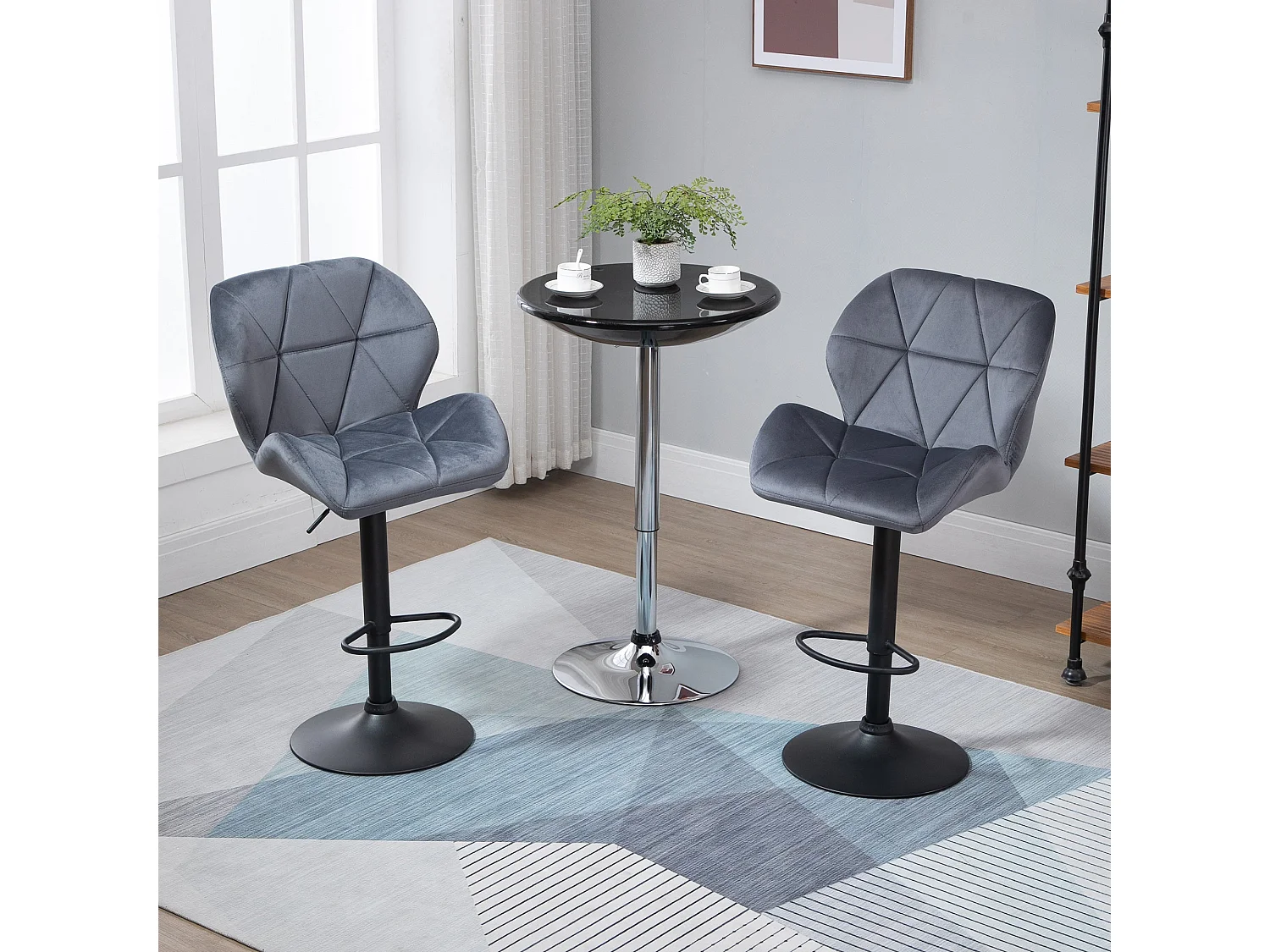 Samori Set of 2 Dark Grey Velvet Feel Adjustable Swivel Bar Stools with Back Support