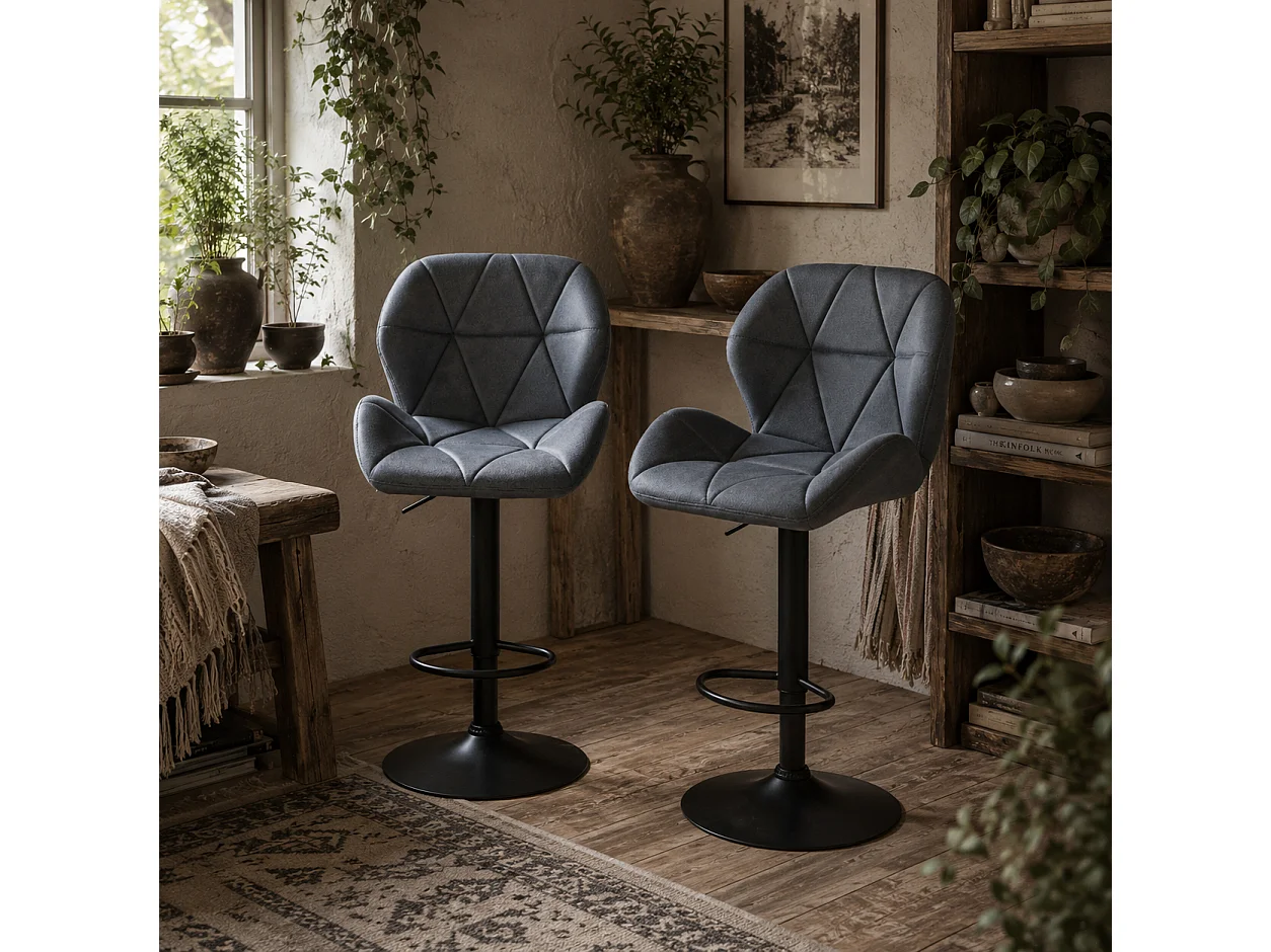 Samori Set of 2 Dark Grey Velvet Feel Adjustable Swivel Bar Stools with Back Support