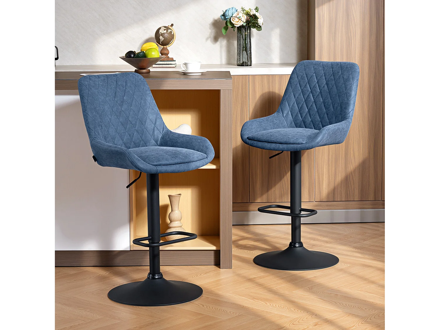 Sekamo Set of 2 Dark Blue Faux Leather Retro Bar Stools