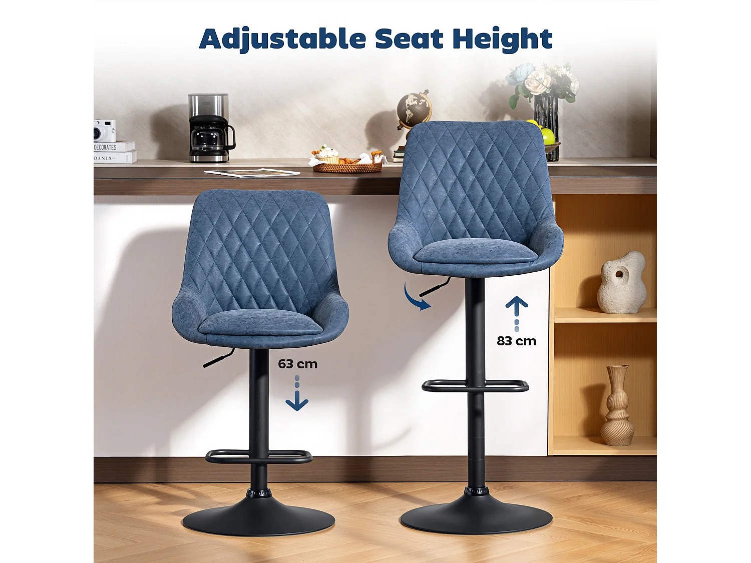 Sekamo Set of 2 Dark Blue Faux Leather Retro Bar Stools