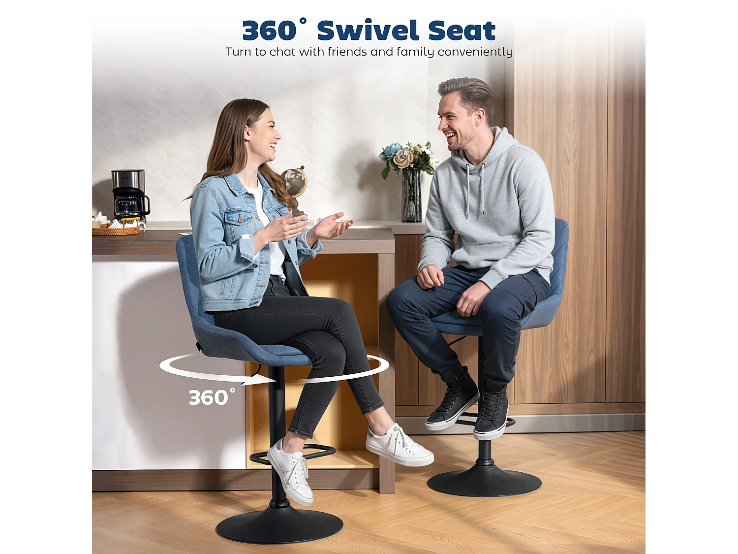 Sekamo Set of 2 Dark Blue Faux Leather Retro Bar Stools