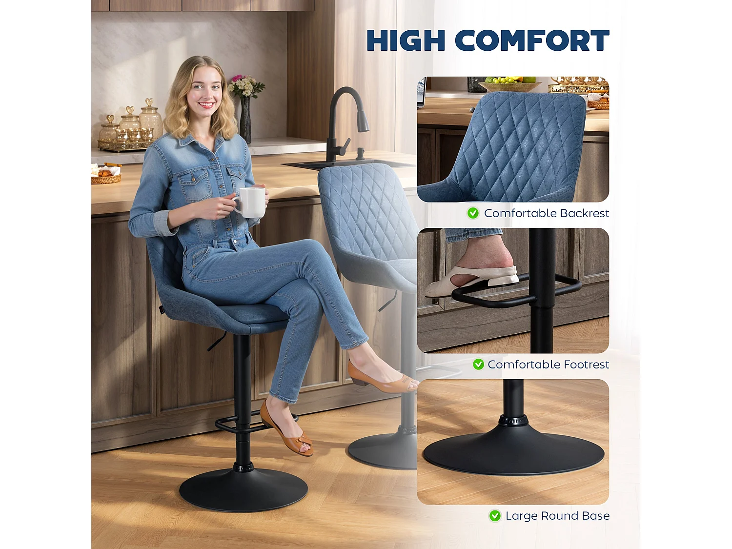 Sekamo Set of 2 Dark Blue Faux Leather Retro Bar Stools