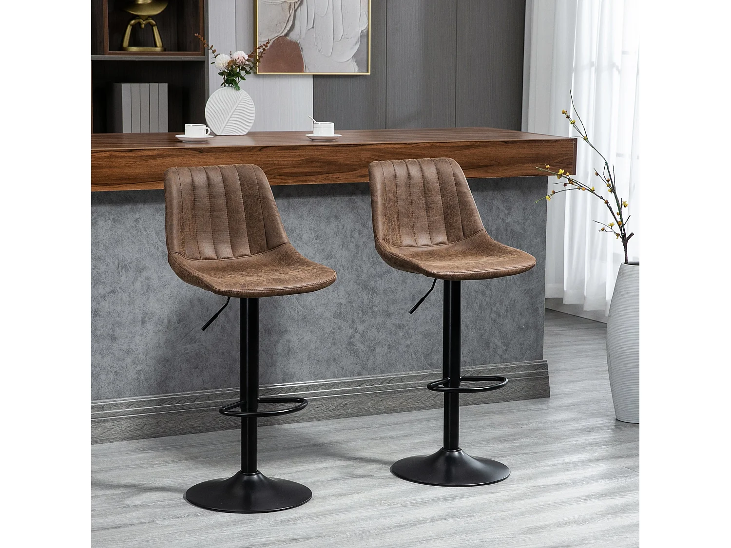 Rafava Brown Adjustable Breakfast Bar Stools Set of 2 Upholstered Seats