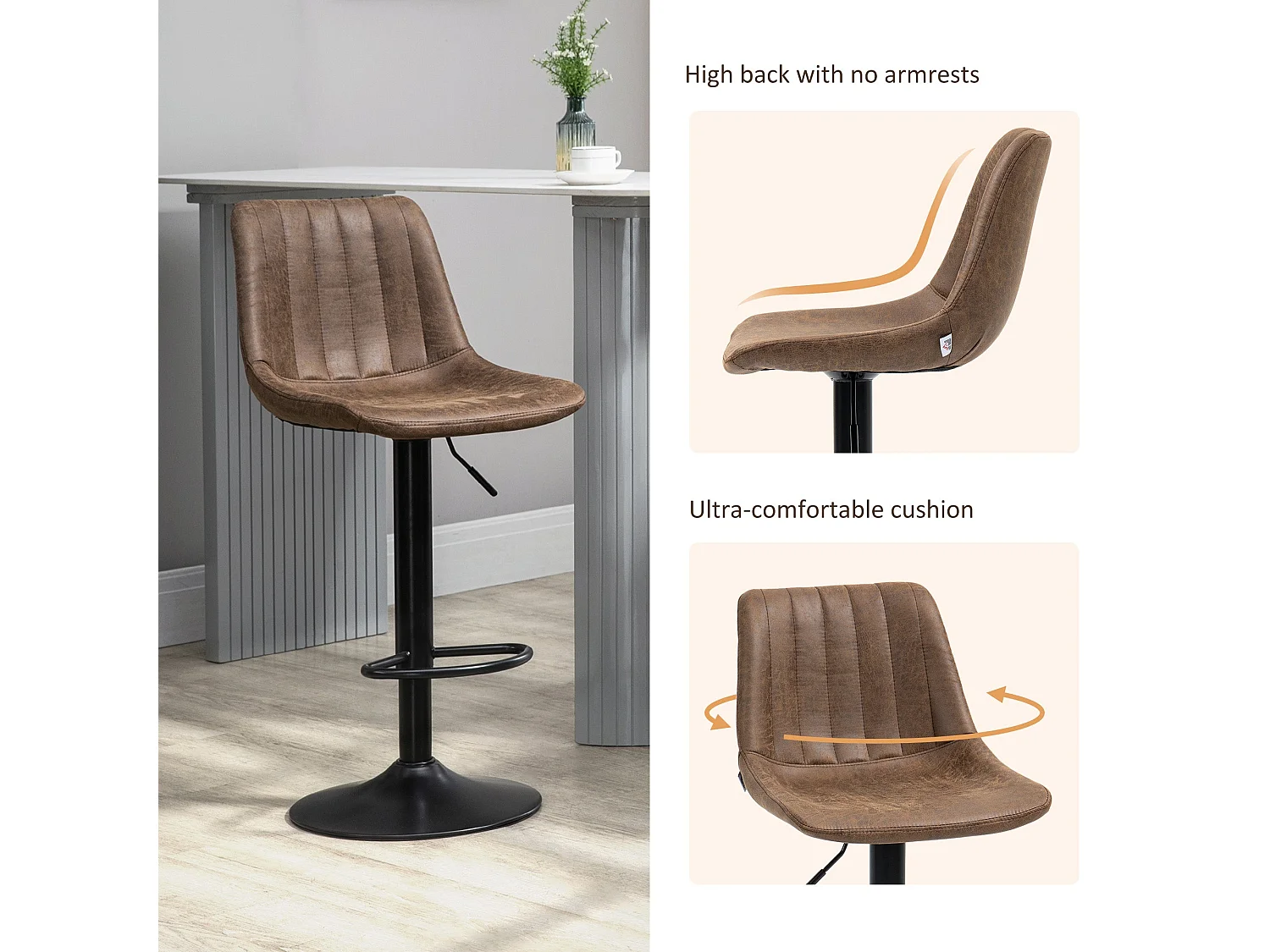 Rafava Brown Adjustable Breakfast Bar Stools Set of 2 Upholstered Seats