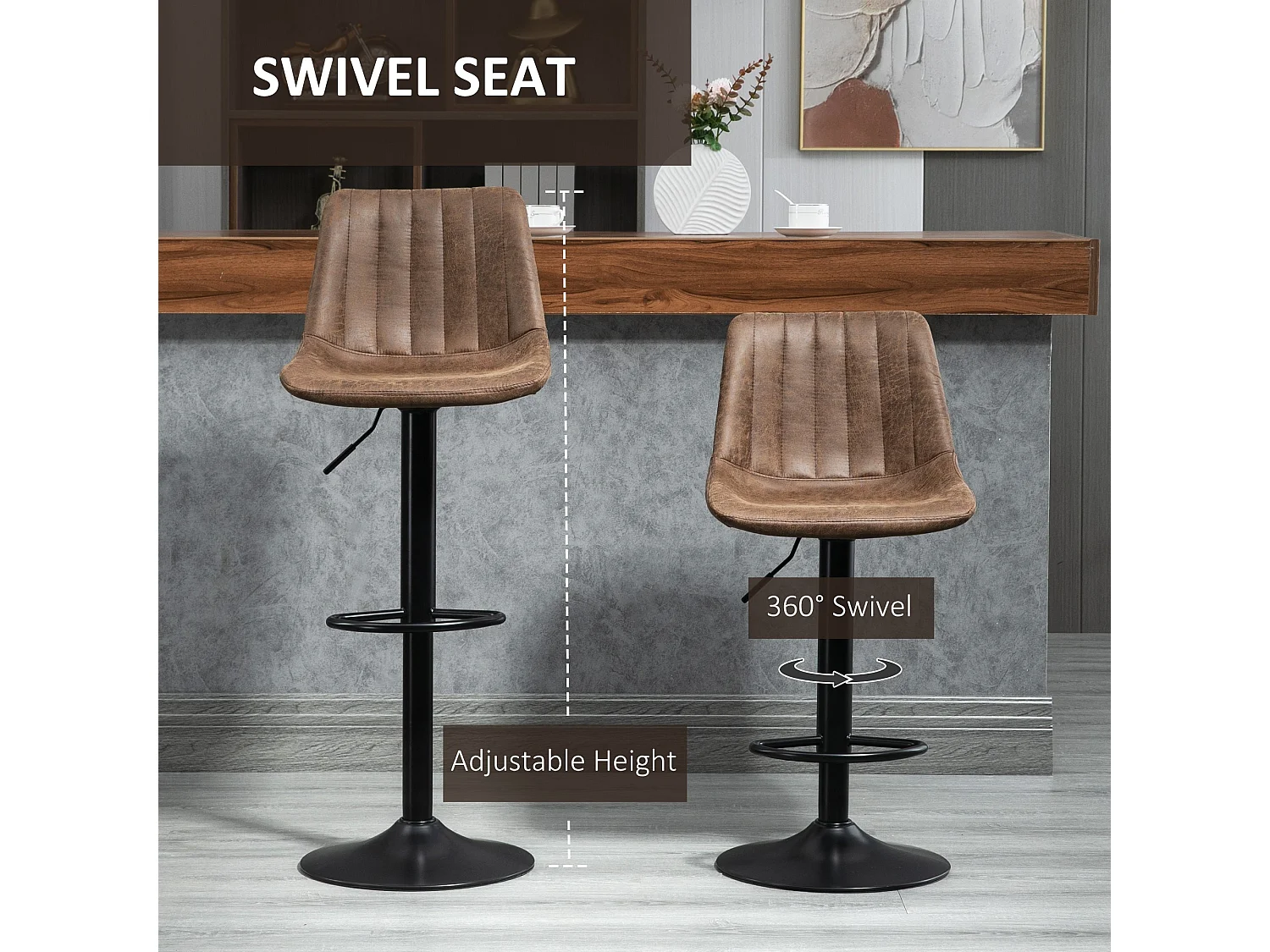 Rafava Brown Adjustable Breakfast Bar Stools Set of 2 Upholstered Seats