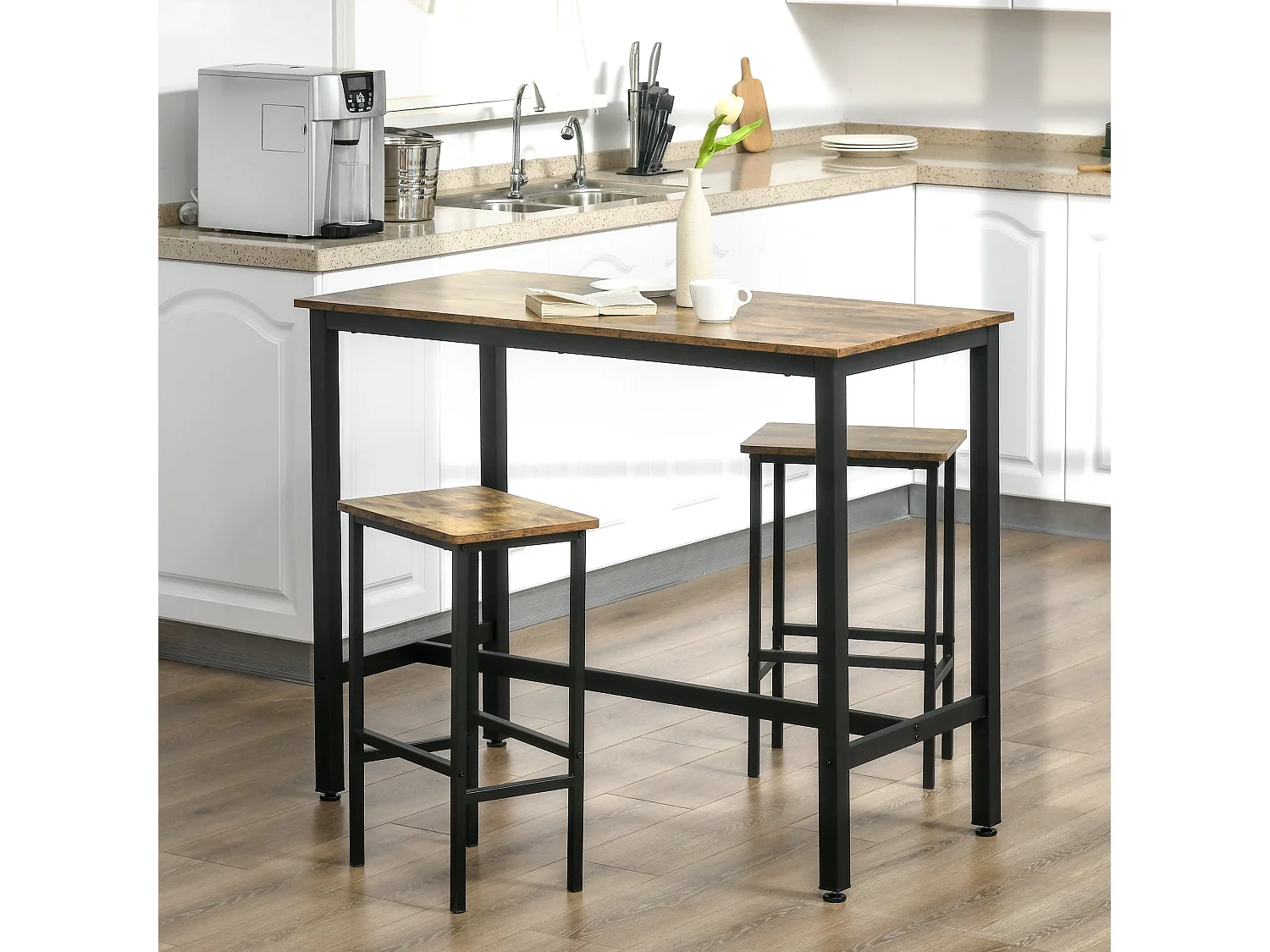 Latzse Set of 2 Rustic Brown Industrial Counter Bar Stools 65cm