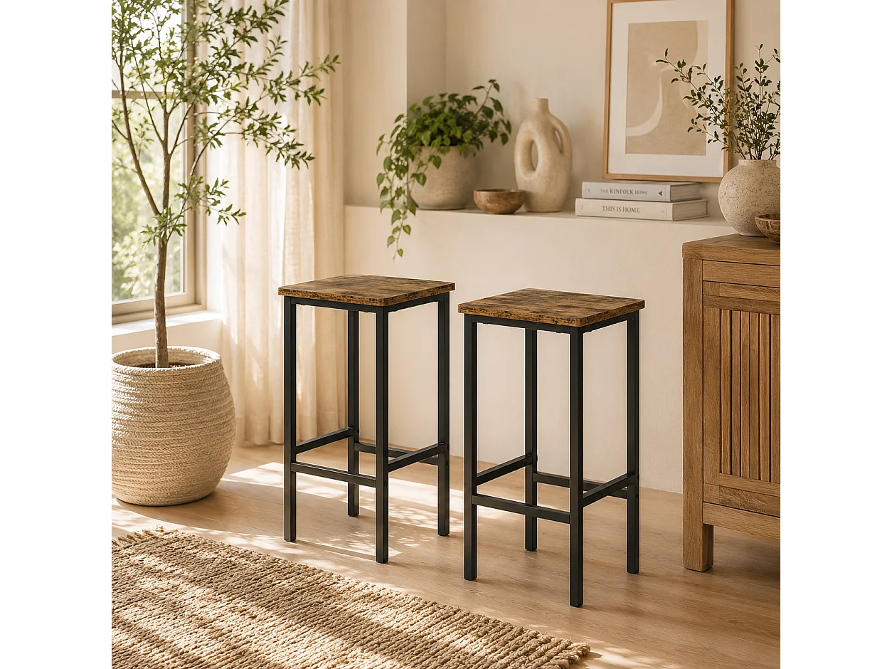 Latzse Set of 2 Rustic Brown Industrial Counter Bar Stools 65cm