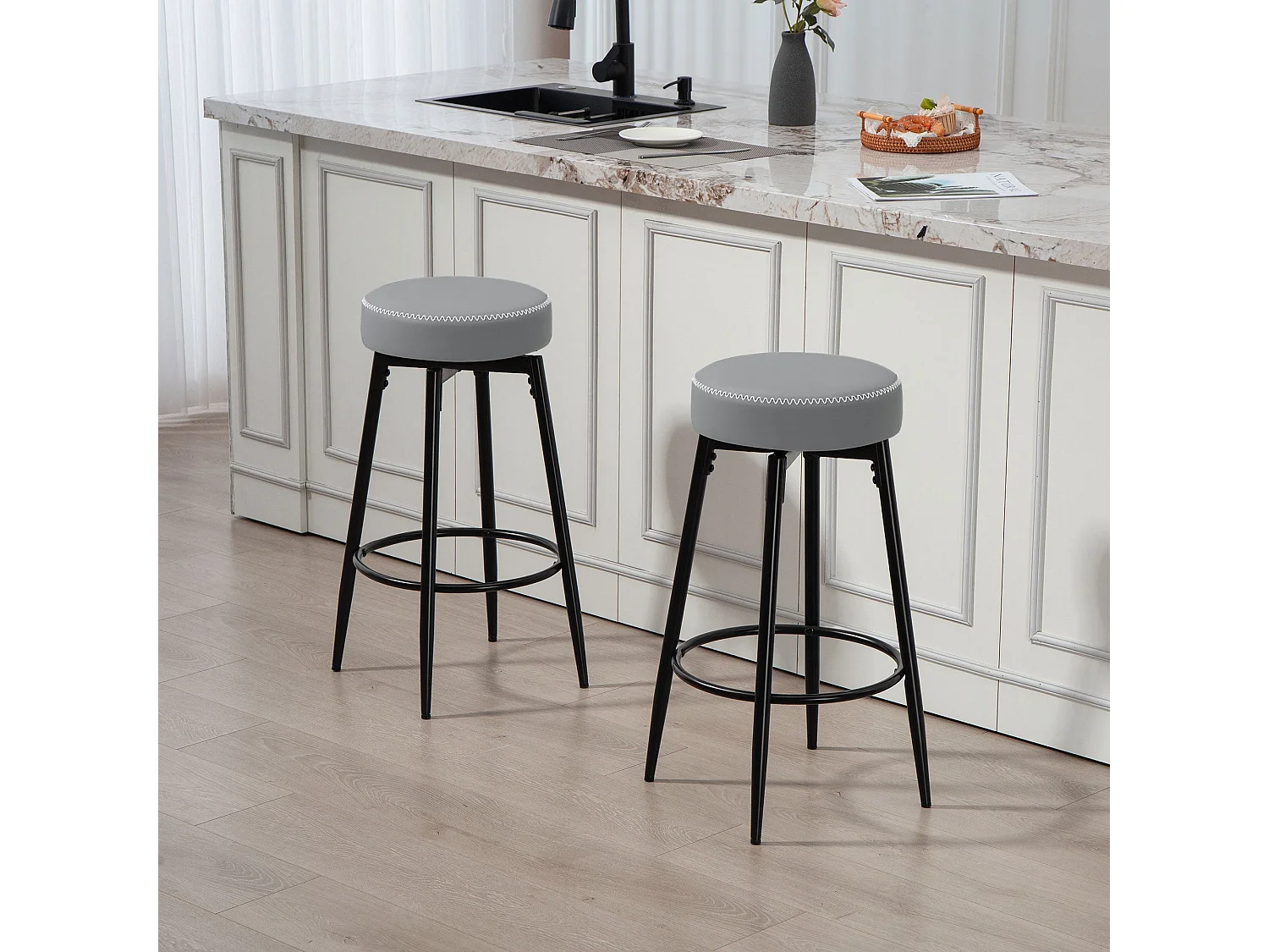 Relura Faux Leather Bar Stools Set of 2 Grey and Black Swivel Footrests