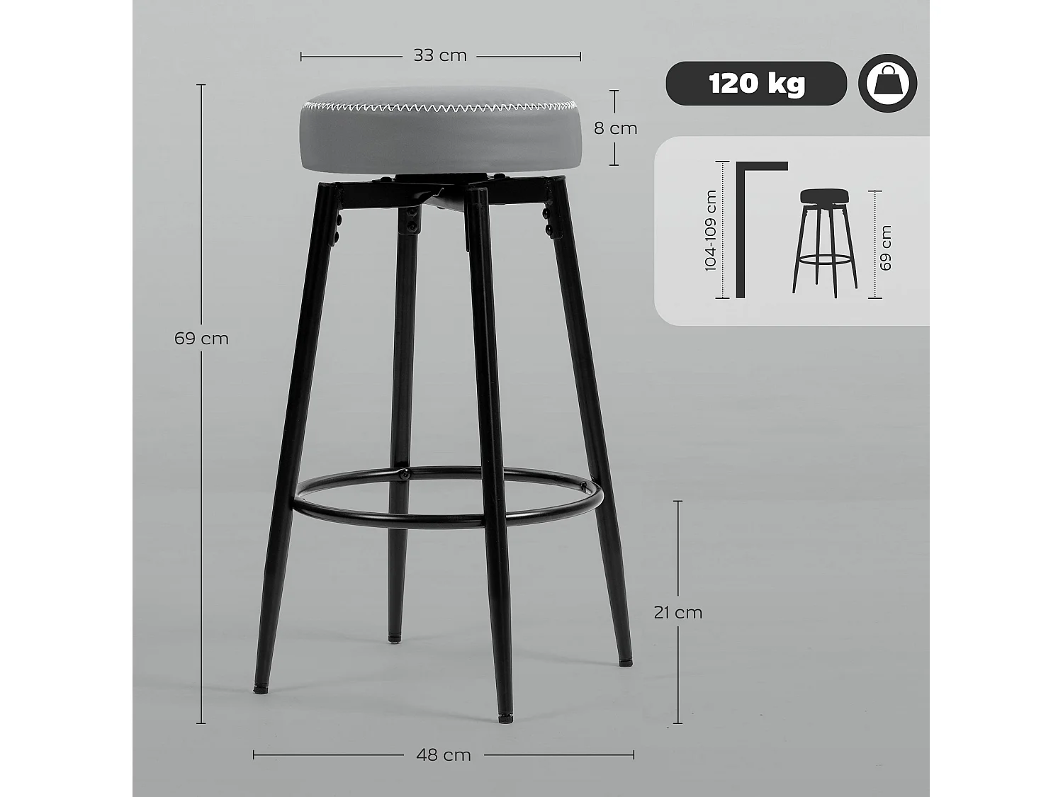 Relura Faux Leather Bar Stools Set of 2 Grey and Black Swivel Footrests