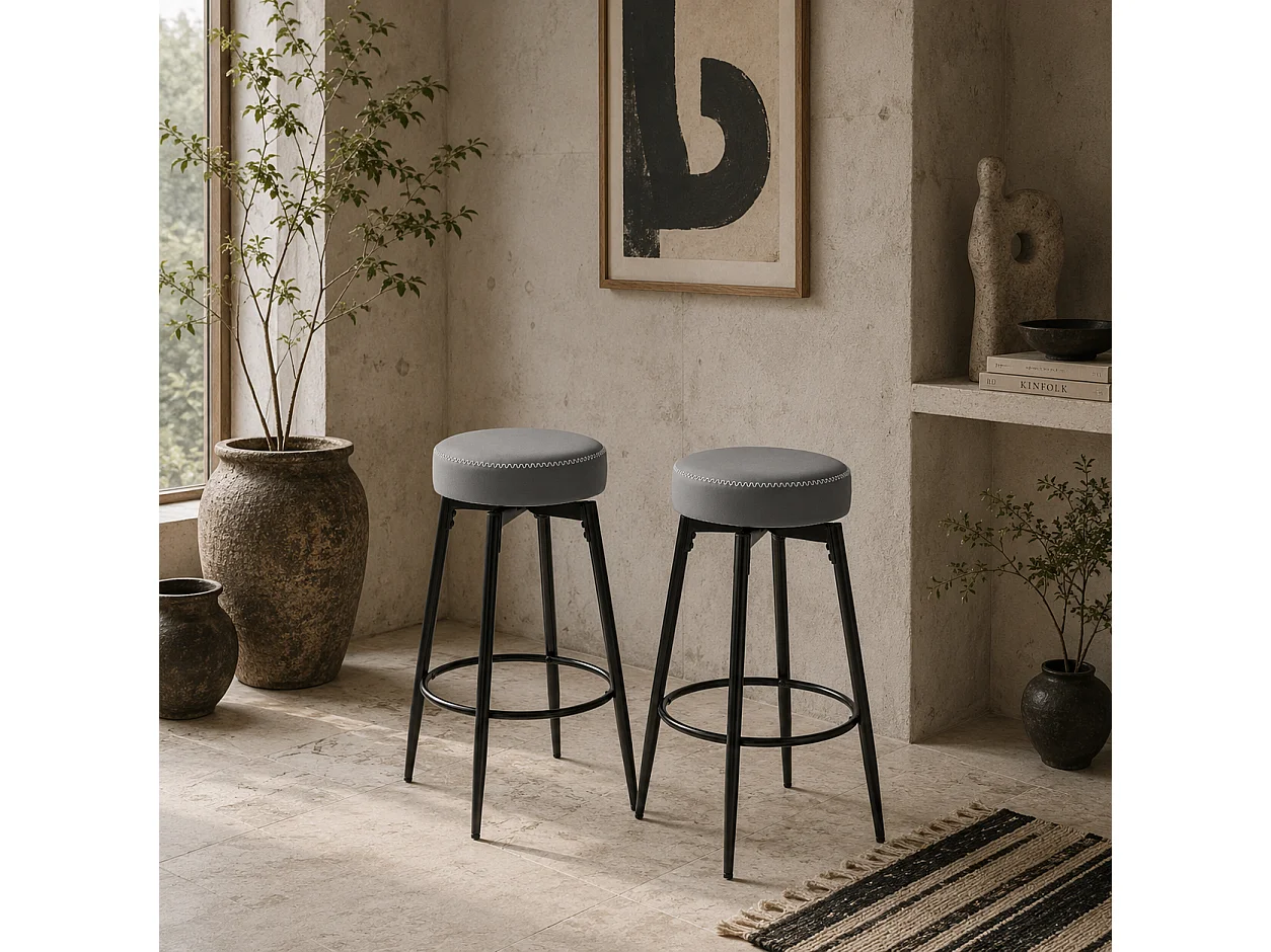 Relura Faux Leather Bar Stools Set of 2 Grey and Black Swivel Footrests