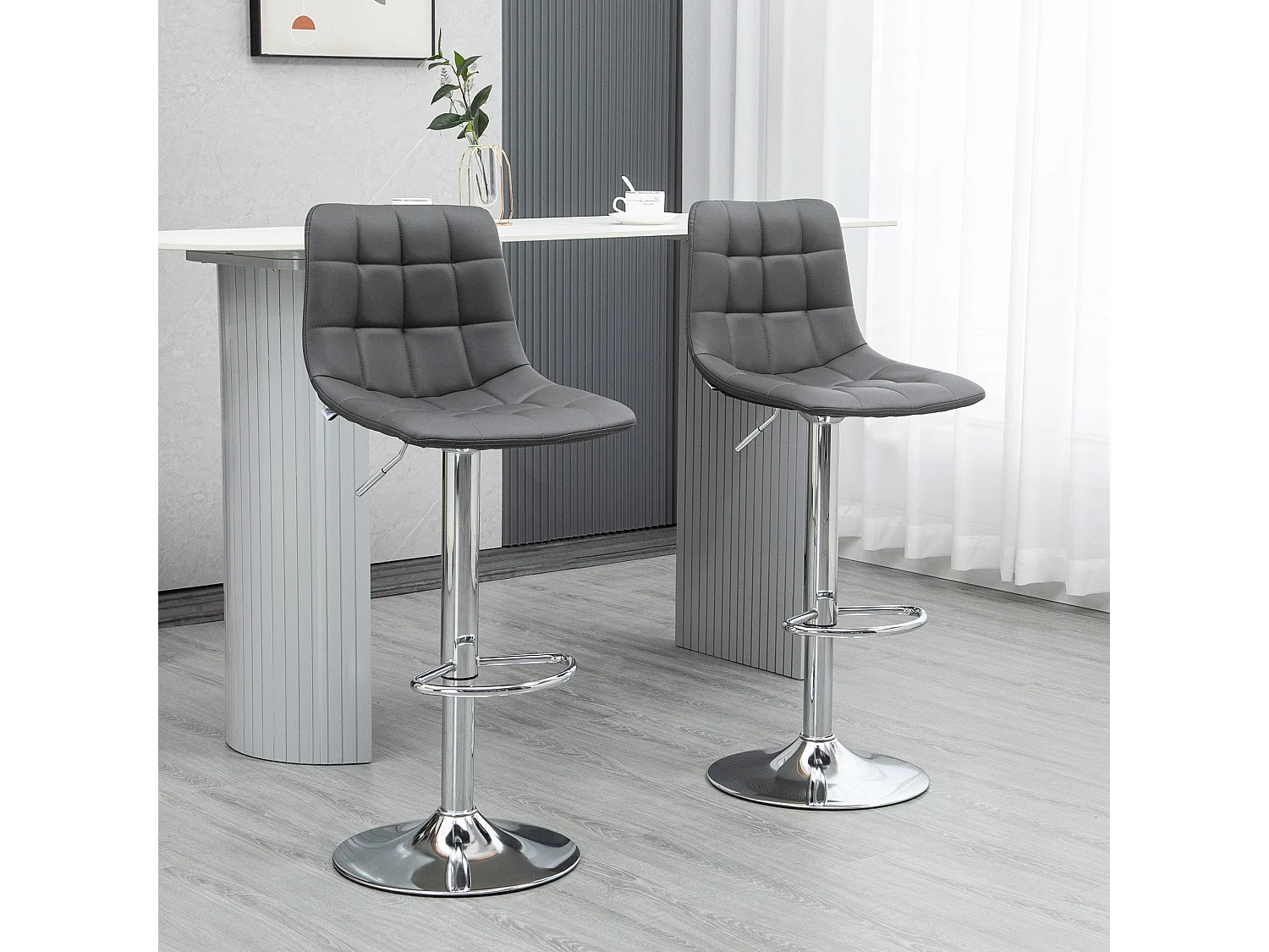 Set of 2 Grey Tufted Faux Leather Swivel Bar Stools with Back Support
