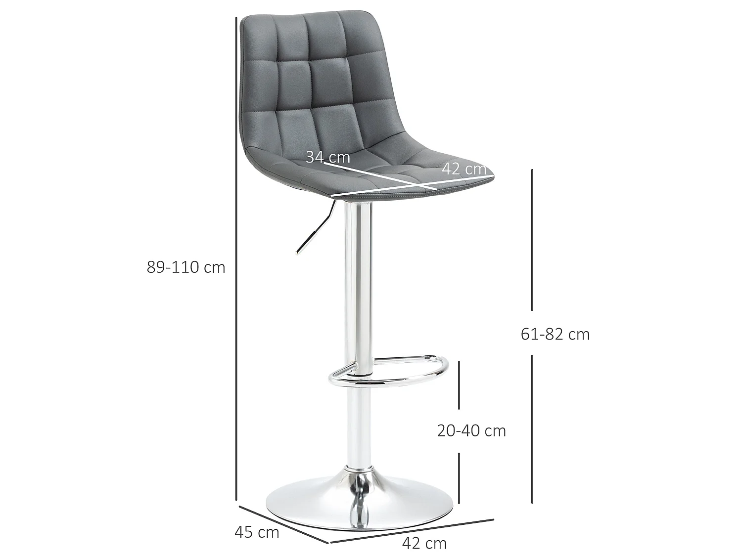 Set of 2 Grey Tufted Faux Leather Swivel Bar Stools with Back Support