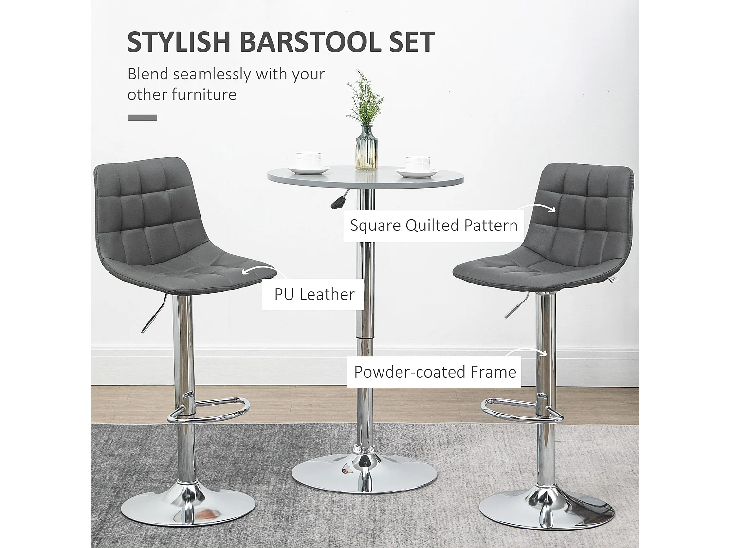Set of 2 Grey Tufted Faux Leather Swivel Bar Stools with Back Support