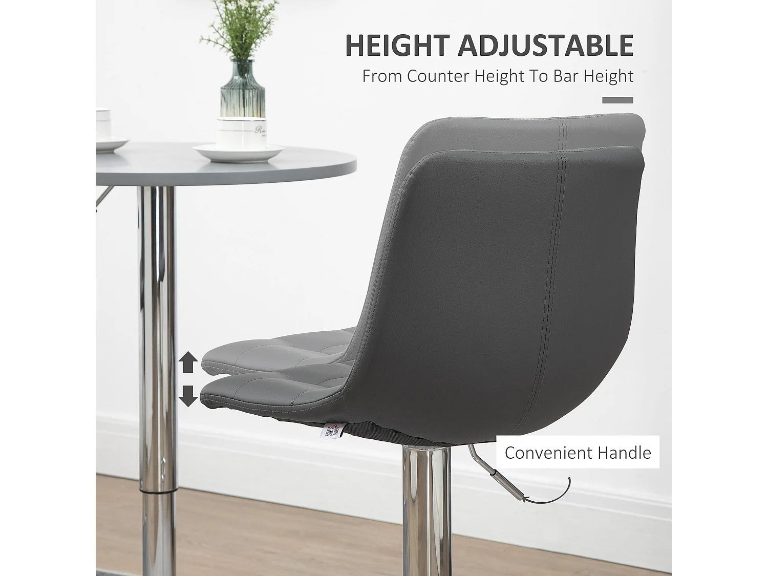 Set of 2 Grey Tufted Faux Leather Swivel Bar Stools with Back Support