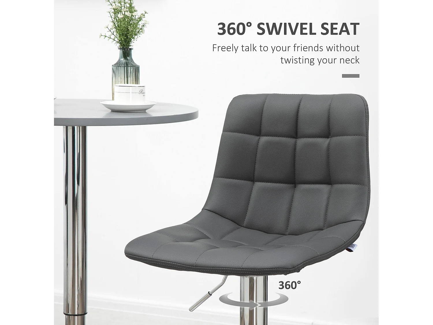 Set of 2 Grey Tufted Faux Leather Swivel Bar Stools with Back Support