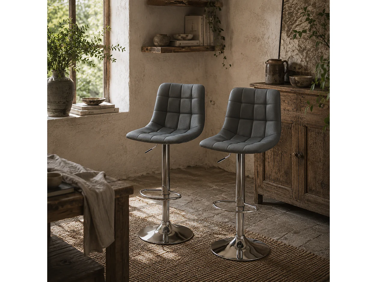 Set of 2 Grey Tufted Faux Leather Swivel Bar Stools with Back Support