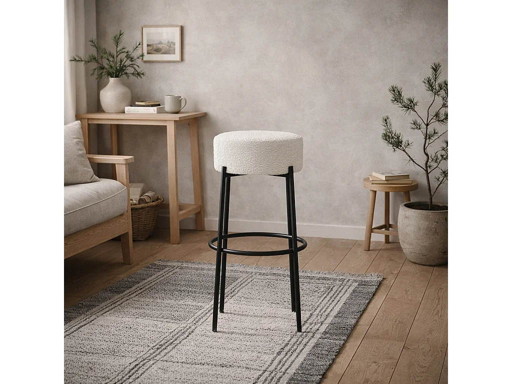 Tanji Ivory Boucle Counter Stool Round Padded Seat Matt Black Metal Legs