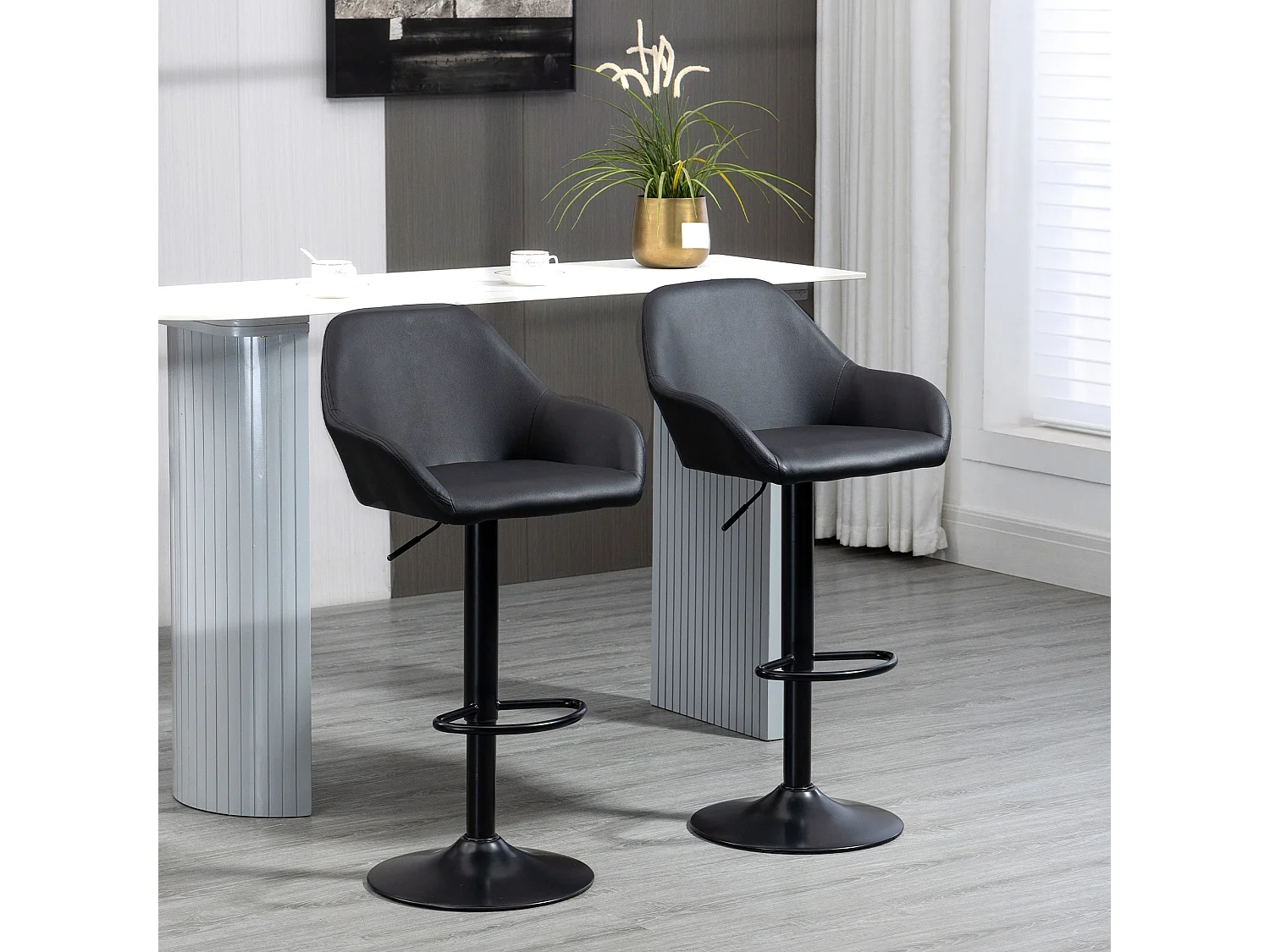 Falani Set of 2 Black Faux Leather Adjustable Bar Stools with Armrests