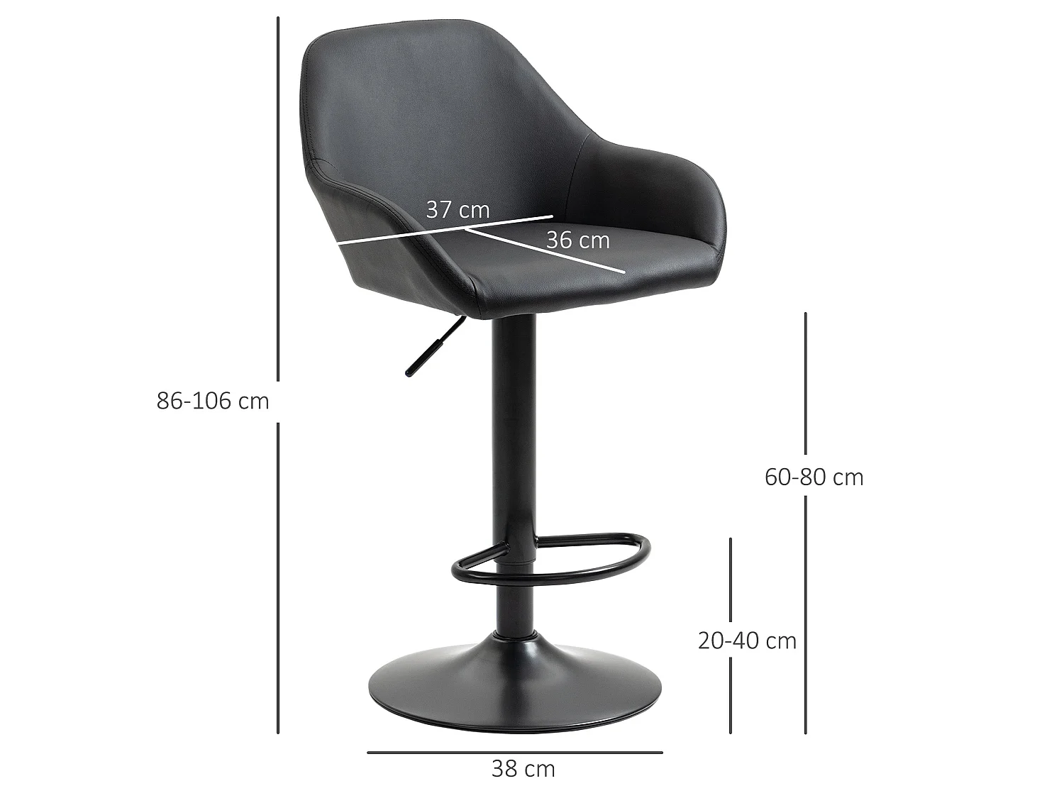 Falani Set of 2 Black Faux Leather Adjustable Bar Stools with Armrests