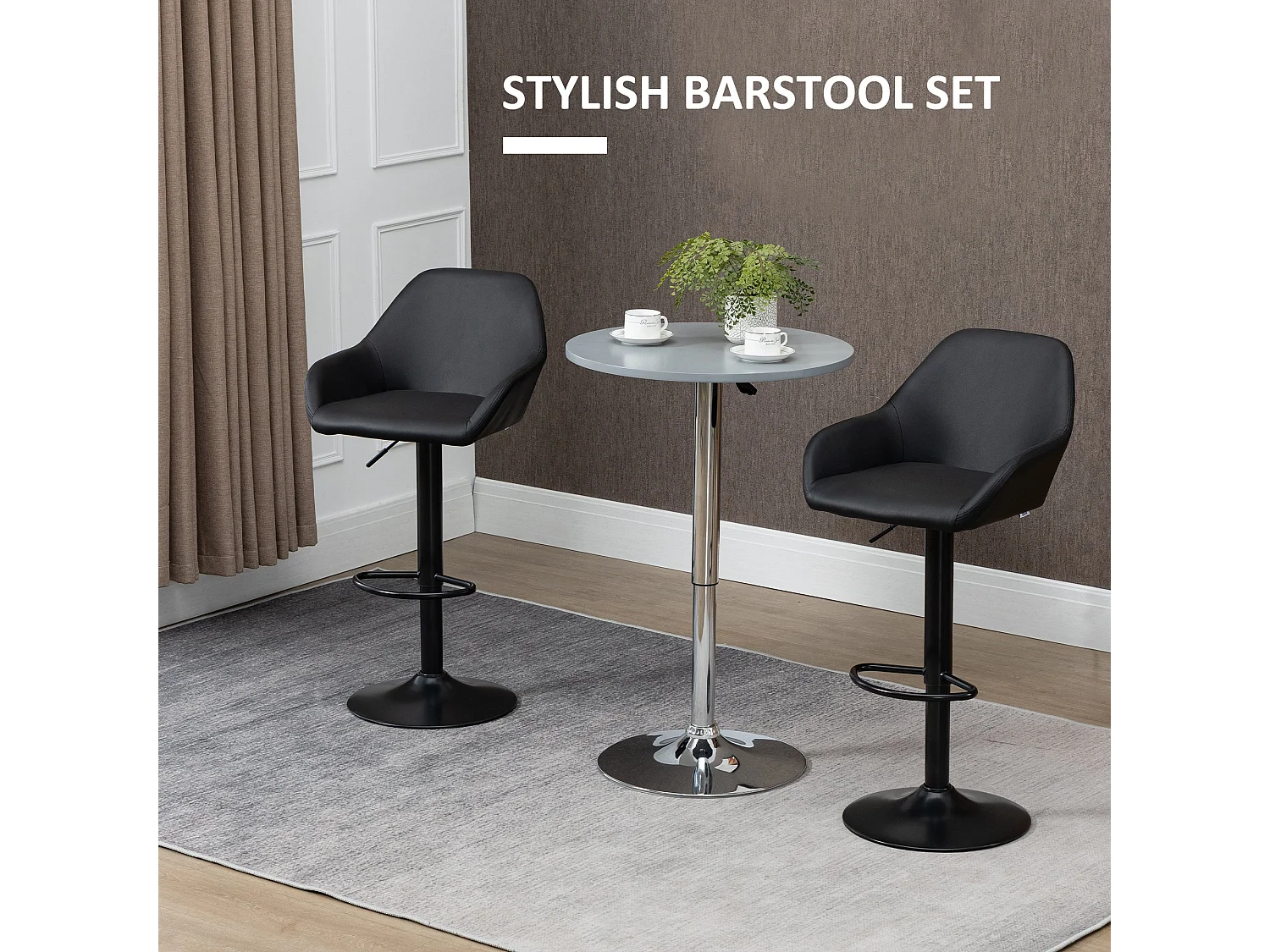 Falani Set of 2 Black Faux Leather Adjustable Bar Stools with Armrests