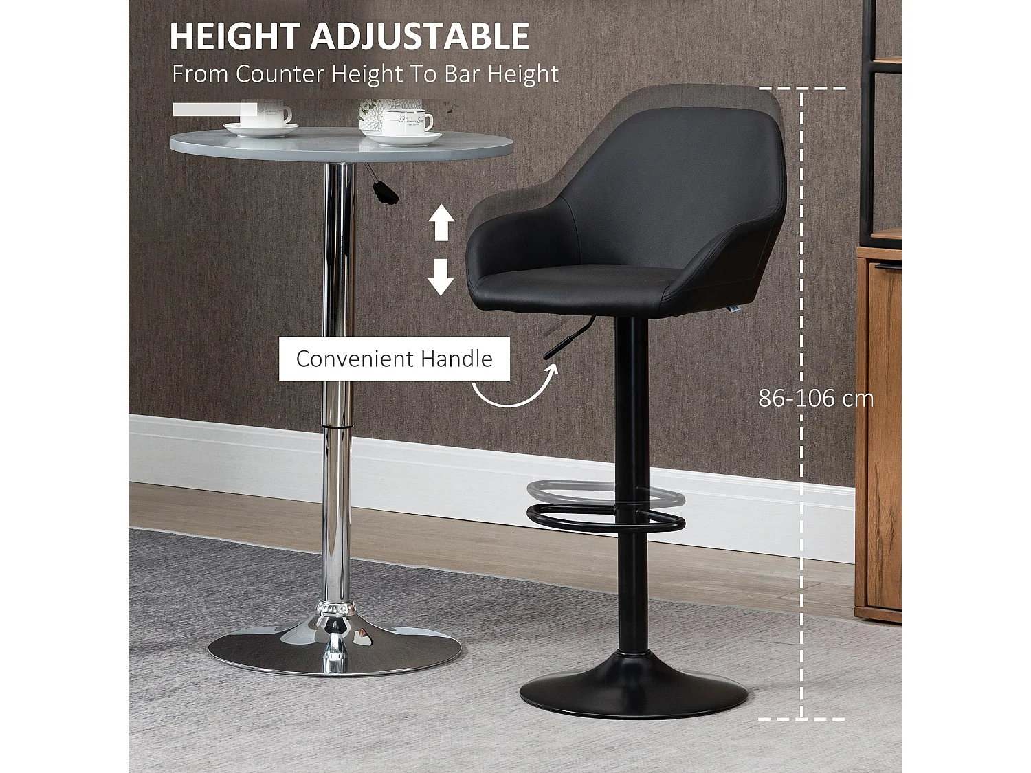 Falani Set of 2 Black Faux Leather Adjustable Bar Stools with Armrests