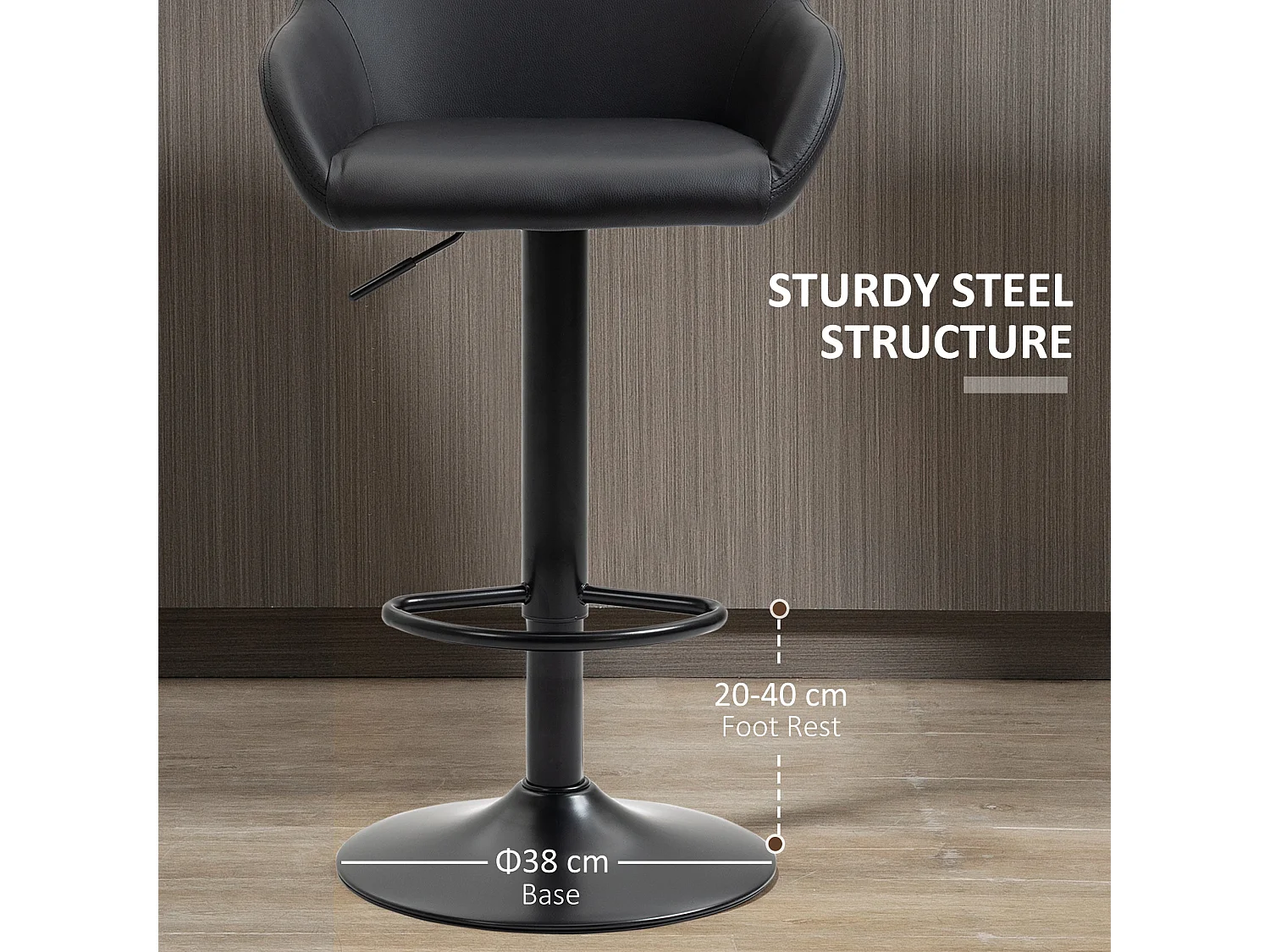 Falani Set of 2 Black Faux Leather Adjustable Bar Stools with Armrests