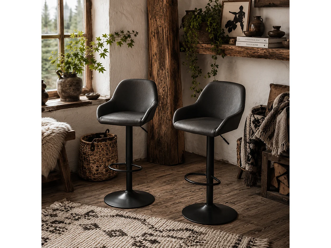 Falani Set of 2 Black Faux Leather Adjustable Bar Stools with Armrests