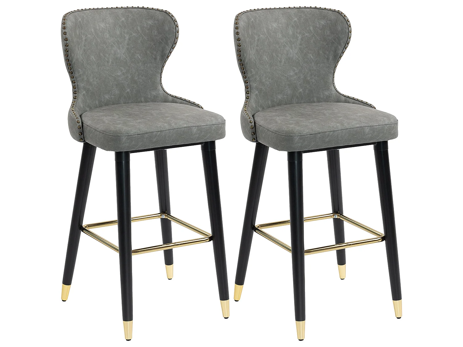 Finomo Set of 2 Grey Faux Leather Bar Stools with Wooden Legs and Footrest