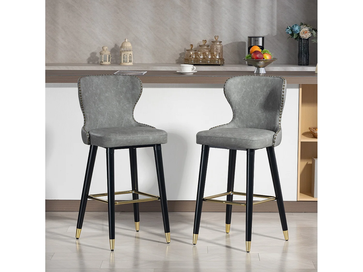 Finomo Set of 2 Grey Faux Leather Bar Stools with Wooden Legs and Footrest