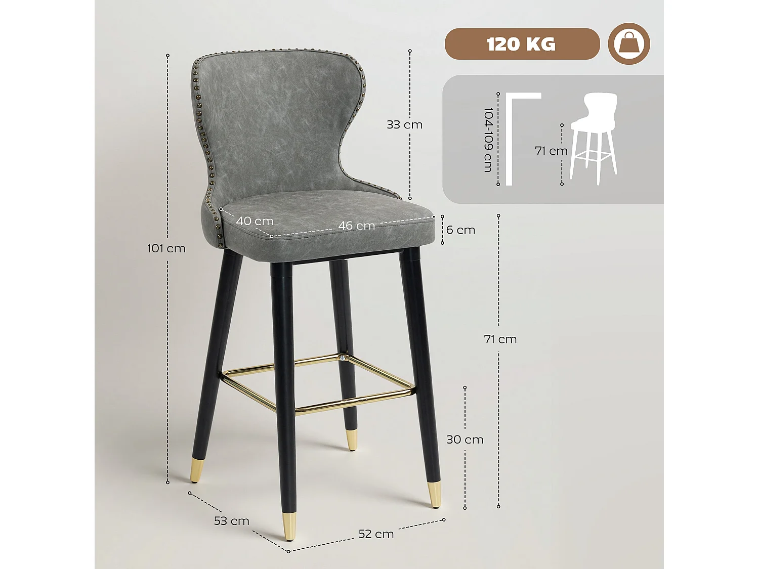 Finomo Set of 2 Grey Faux Leather Bar Stools with Wooden Legs and Footrest