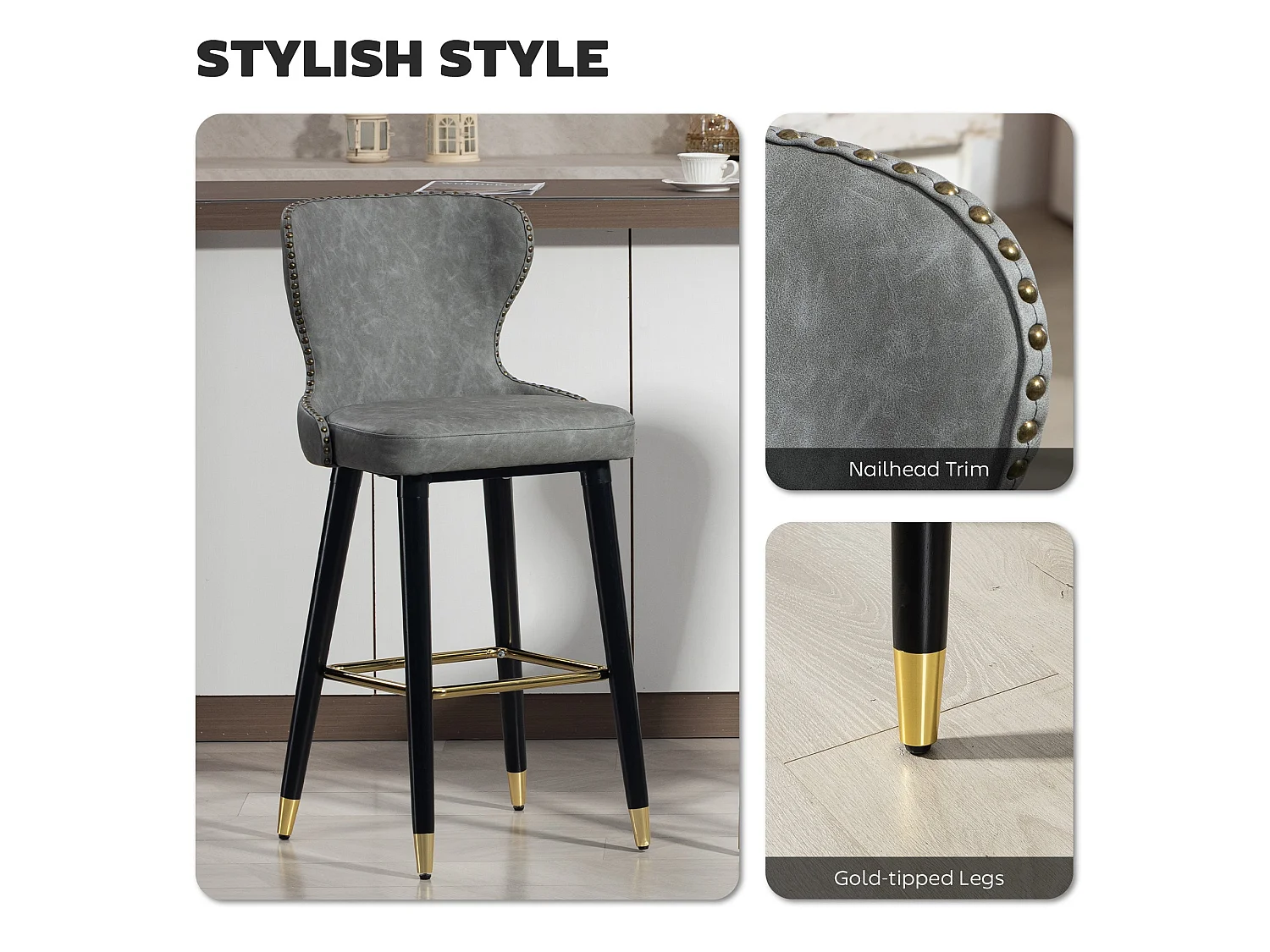 Finomo Set of 2 Grey Faux Leather Bar Stools with Wooden Legs and Footrest