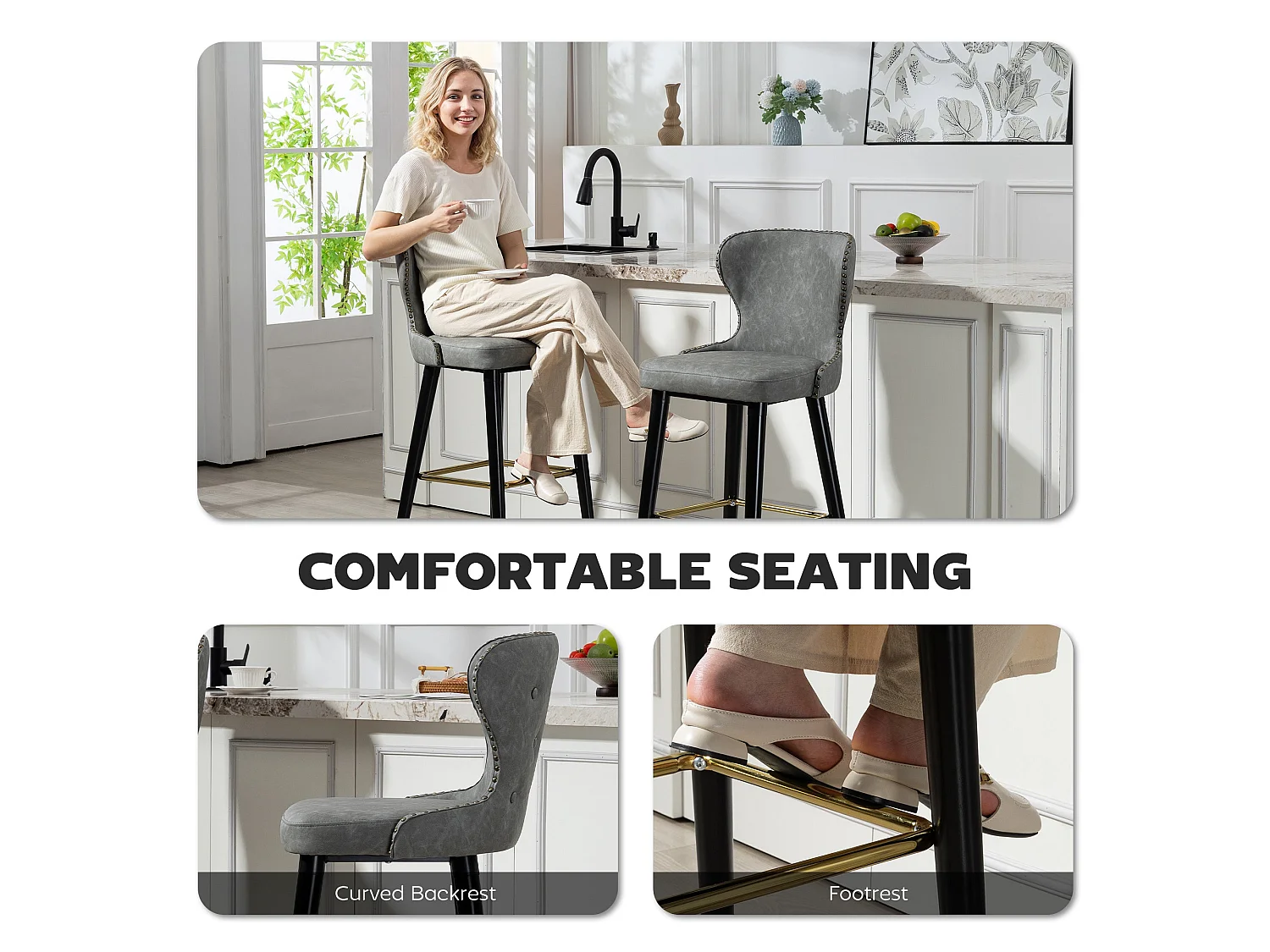 Finomo Set of 2 Grey Faux Leather Bar Stools with Wooden Legs and Footrest