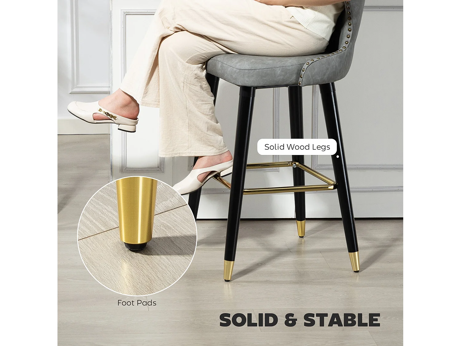Finomo Set of 2 Grey Faux Leather Bar Stools with Wooden Legs and Footrest