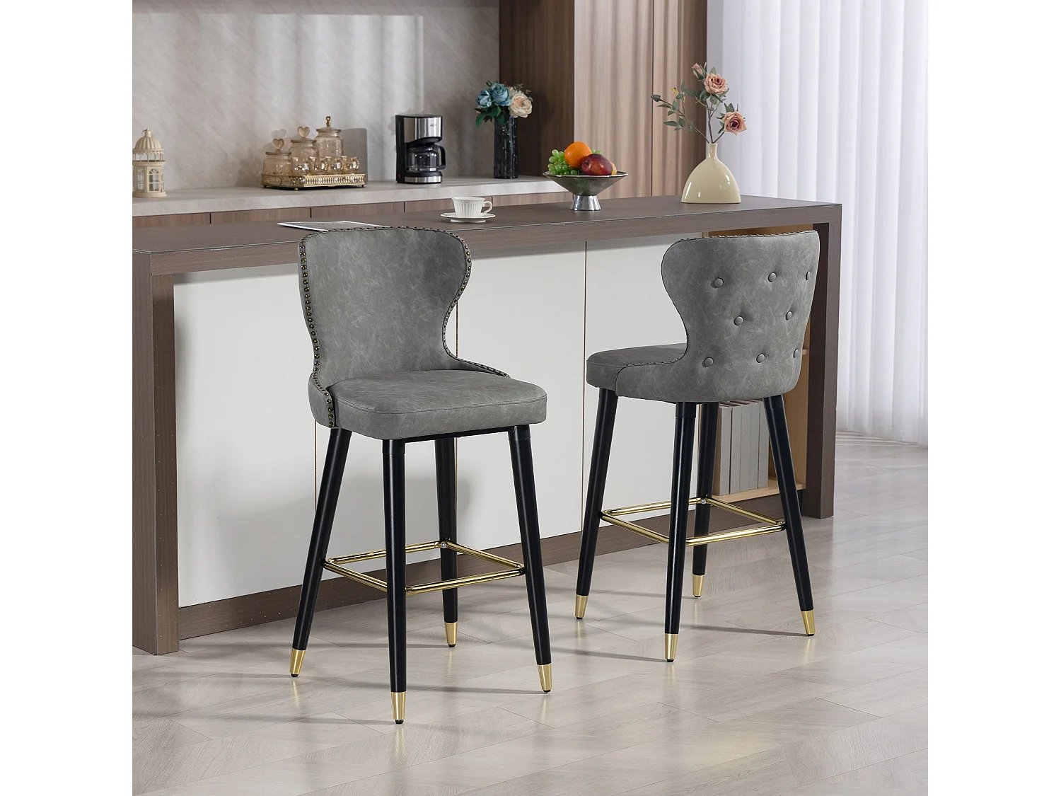 Finomo Set of 2 Grey Faux Leather Bar Stools with Wooden Legs and Footrest