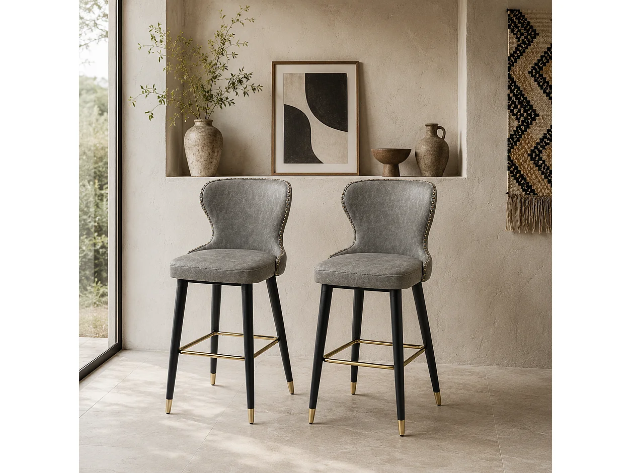 Finomo Set of 2 Grey Faux Leather Bar Stools with Wooden Legs and Footrest