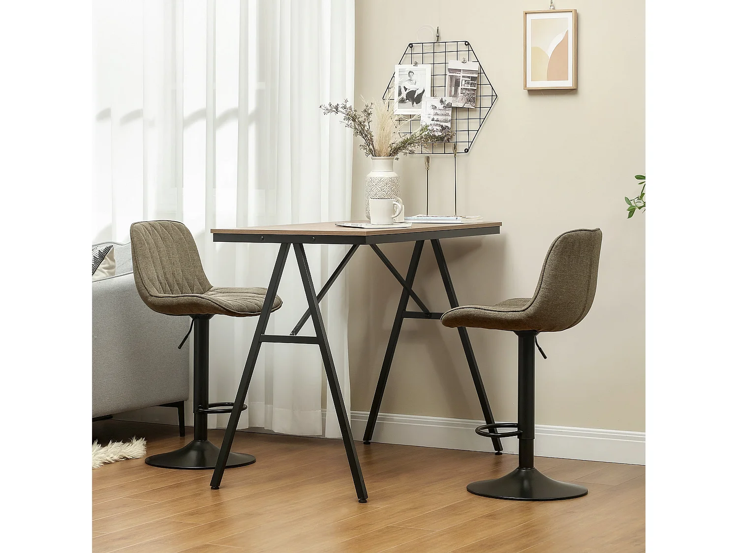 Sehake Set of 2 Brown Linen Look Adjustable Swivel Bar Stools