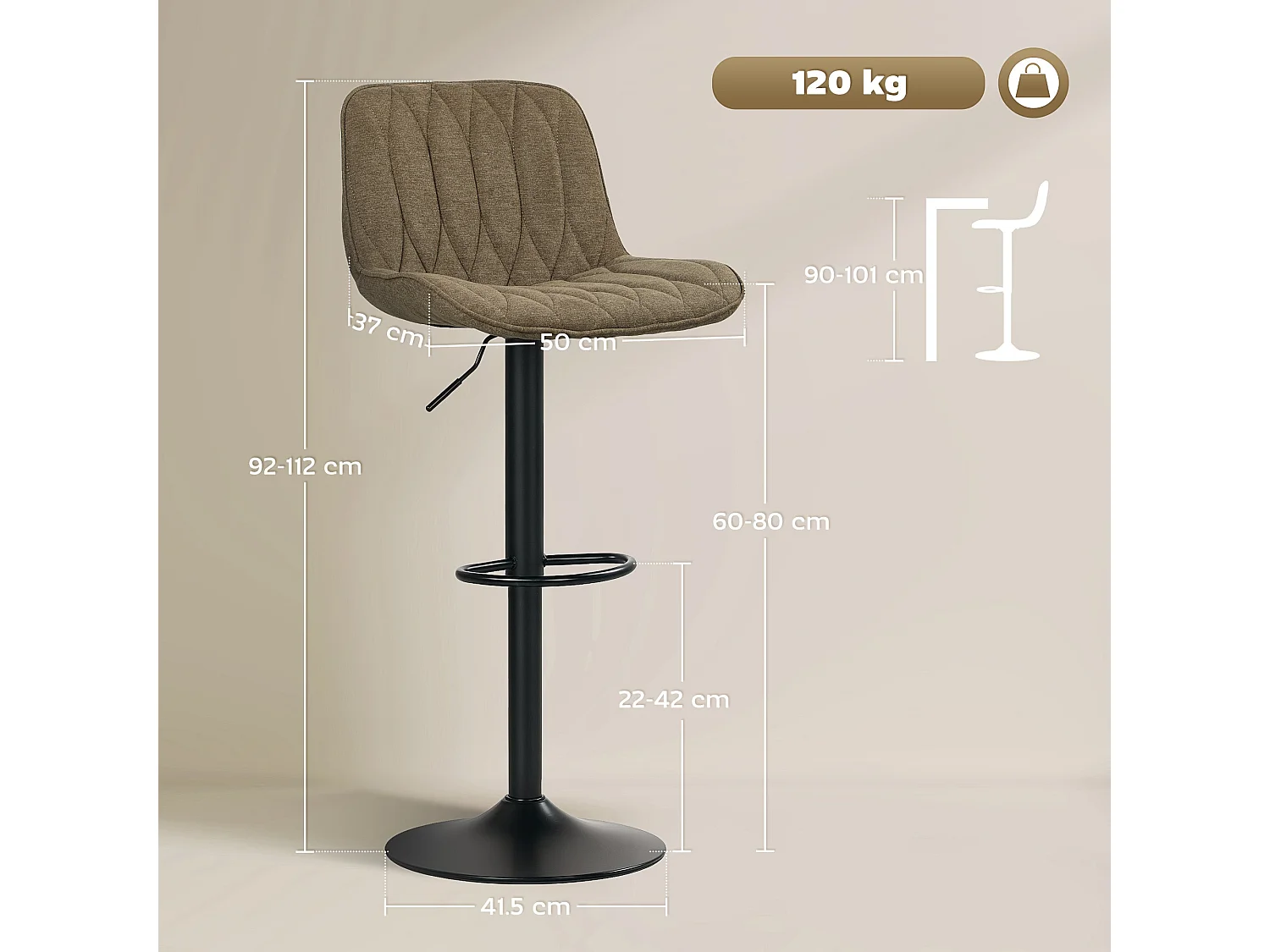 Sehake Set of 2 Brown Linen Look Adjustable Swivel Bar Stools