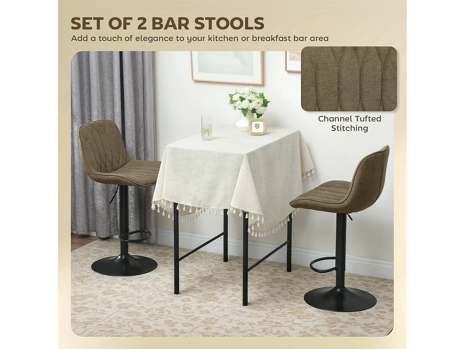 Sehake Set of 2 Brown Linen Look Adjustable Swivel Bar Stools