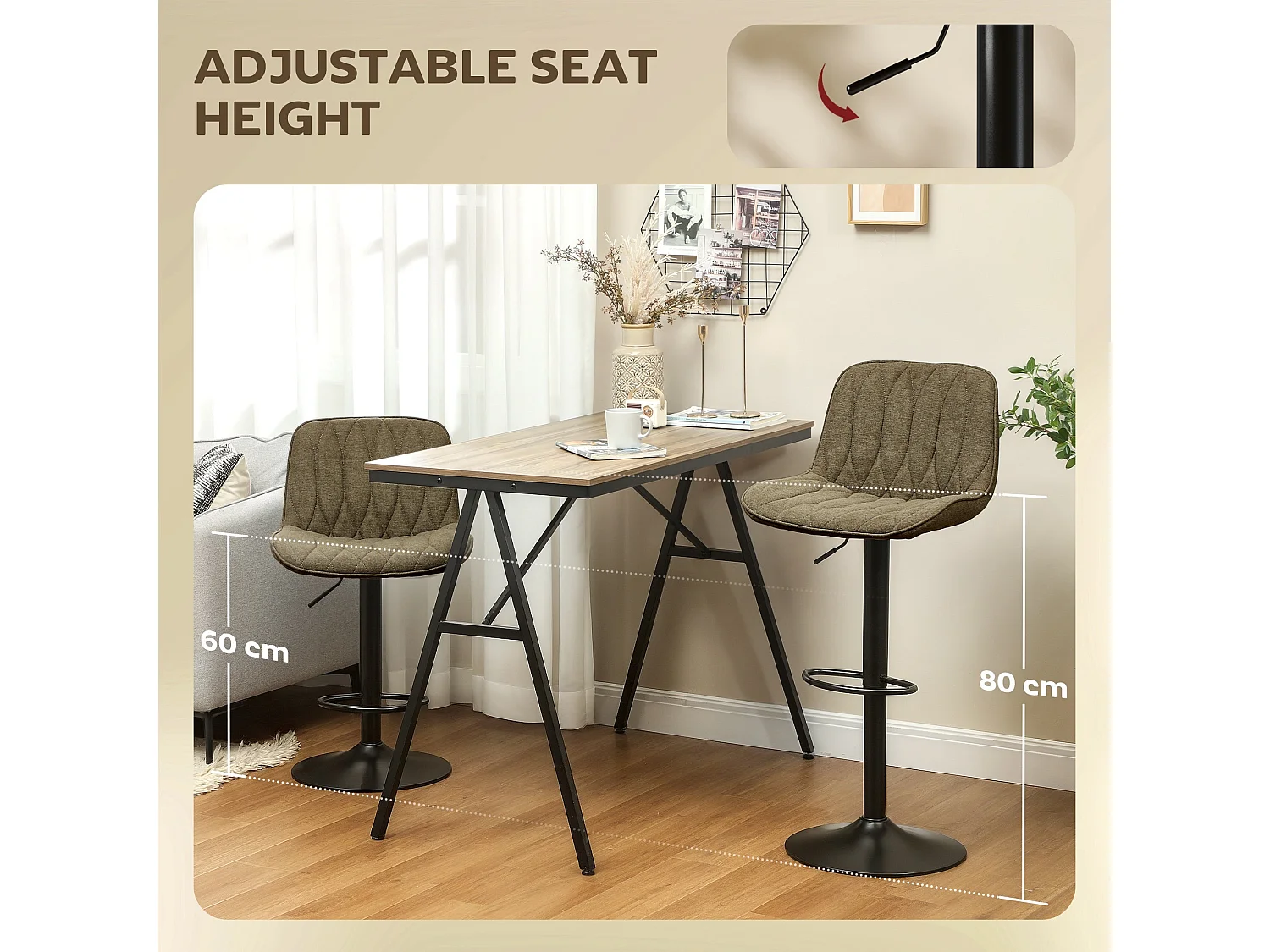 Sehake Set of 2 Brown Linen Look Adjustable Swivel Bar Stools